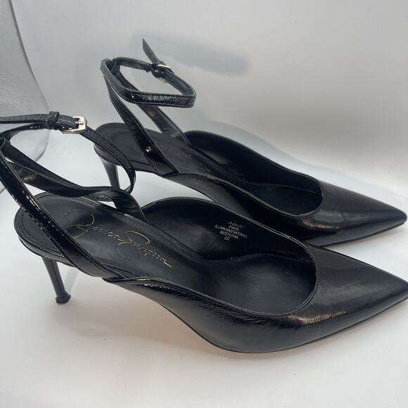Jessica Simpson Black Patent Leather Pointy Toe Ankle Strap Stiletto Pumps 8.5 - Picture 1 of 9